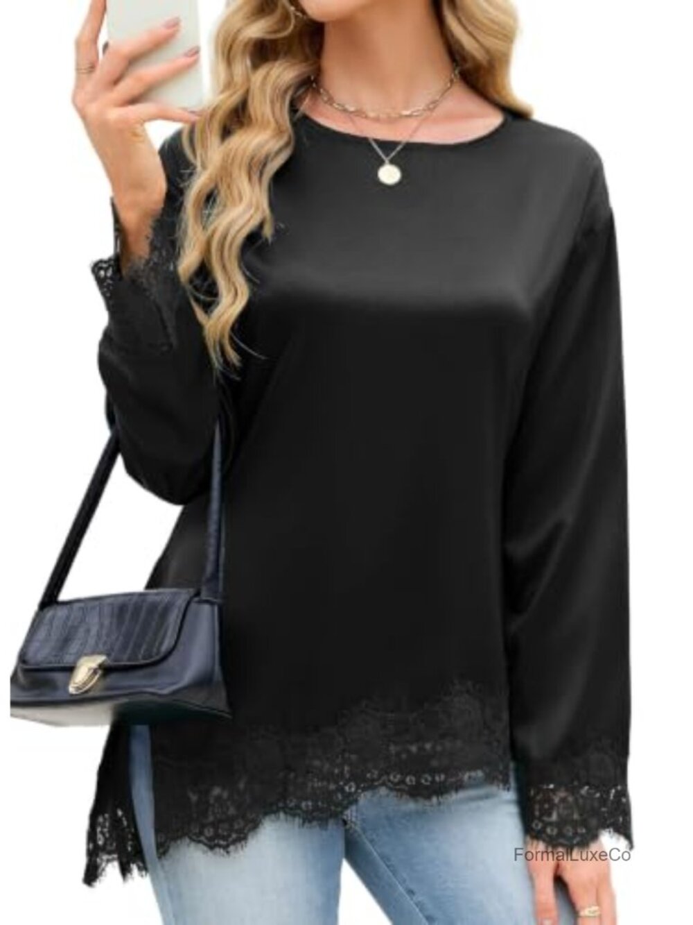 Lace Cuff Long Sleeve Satin Asymmetrical Blouse